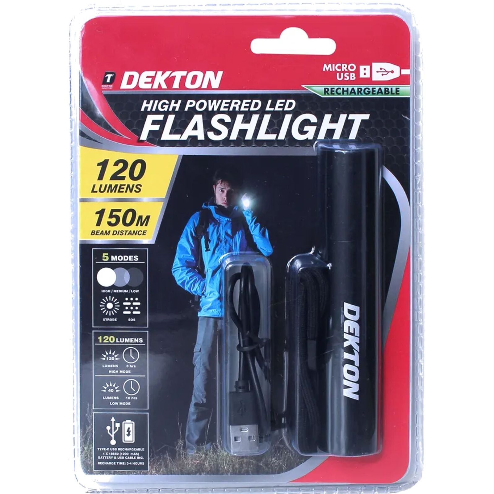 Dekton High Power Led Torch 120 Lumens 150m Flashlight Usb Rechargeable