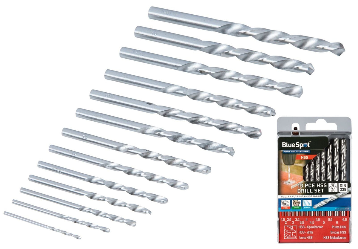 Bluespot 13 Pc HSS Twist Drill Bits 1.5mm To 6.5mm Set Metal Wood Plastic