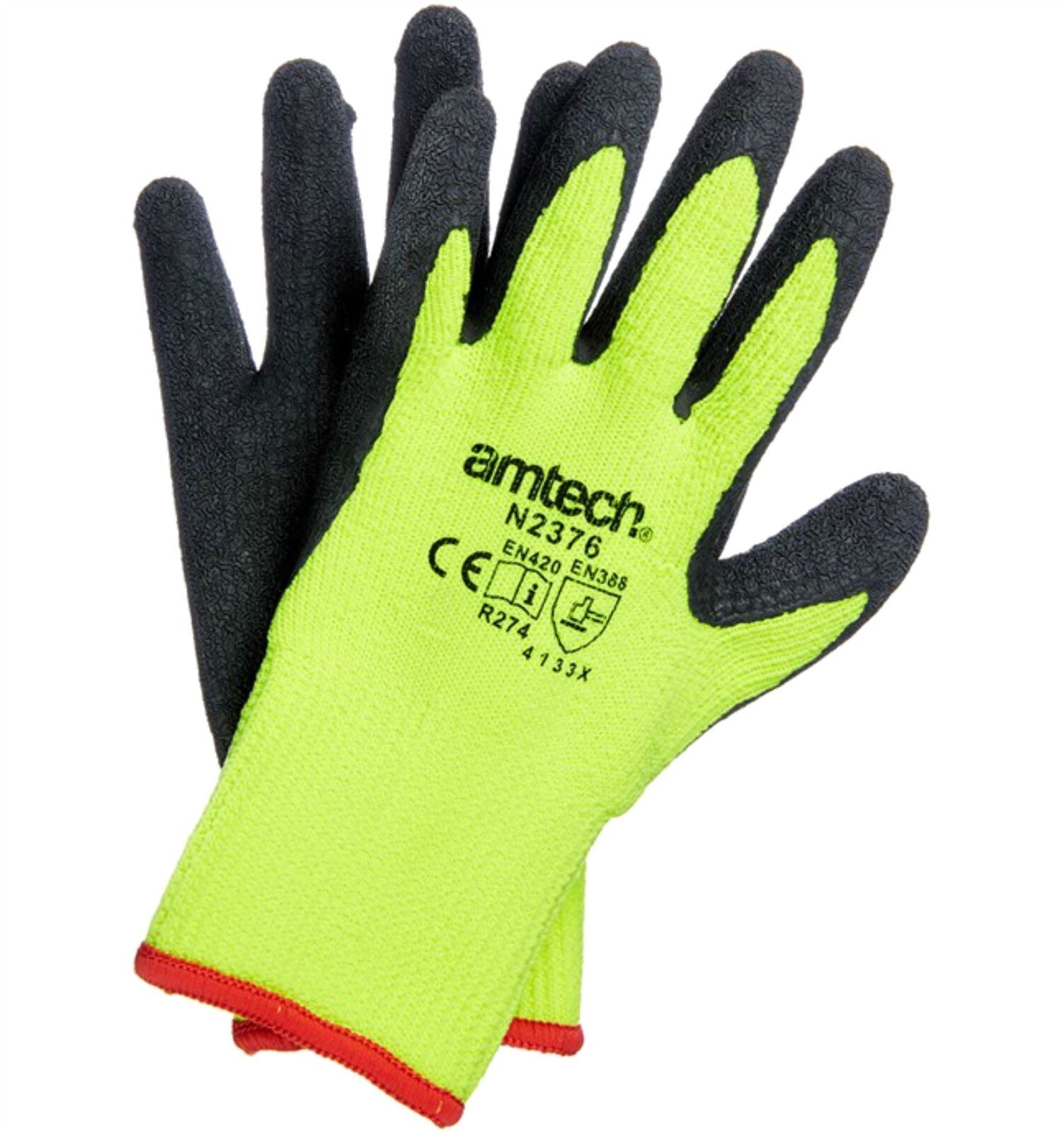 Amtech 12 Pairs Thermal Work Gloves Safety Latex Builders Winter Grip Glove