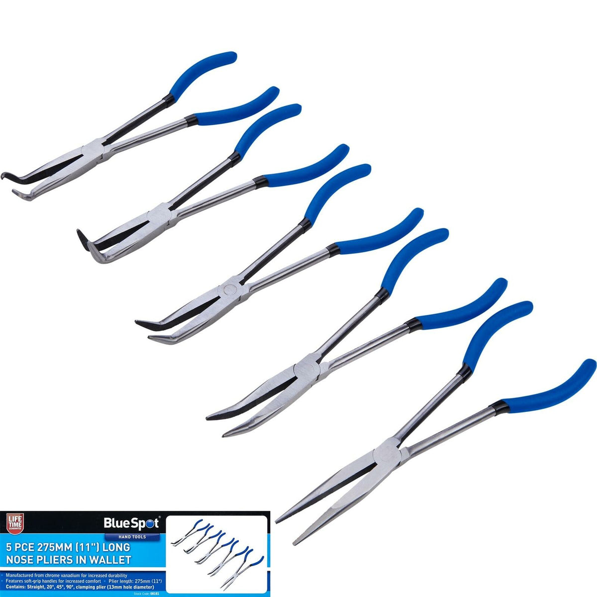 BlueSpot 5pc Extra Long Nose Pliers Set Straight Bent Nose Mole Grips Pliers 11"