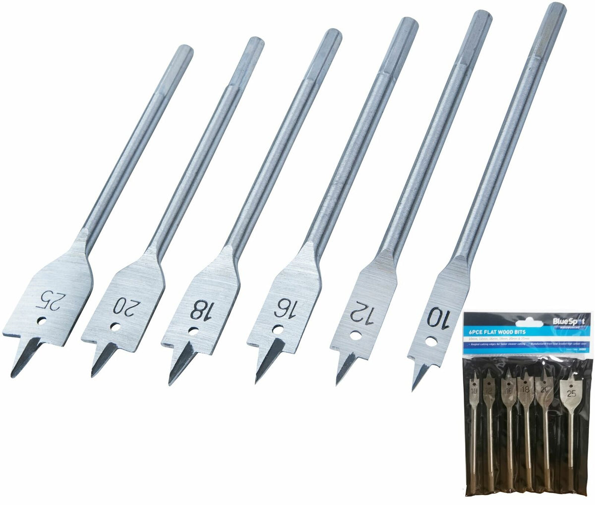 BlueSpot Flat Spade Wood Hole Saw Drill Bit Set 10mm 12mm 16mm 18mm 20mm 25mm
