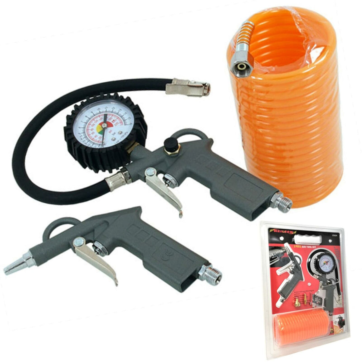 Neilsen Air Blow Gun Coil Tool Air Line Hose & Air Line Tyre Pump Inflator Set