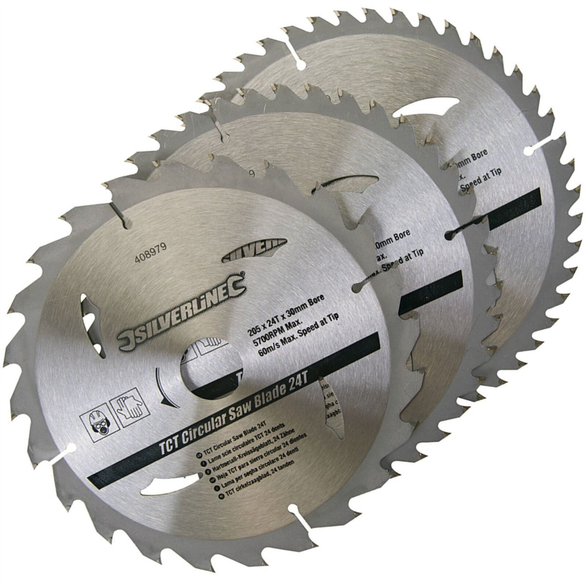 3 Circular Mitre Saw Blades 205mm Diameter 30mm Bore 25 18 & 16mm Bushes 408979