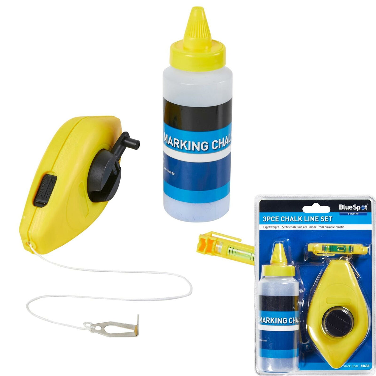 BlueSpot 3pc Builders Blue Chalk String Line Kit Reel Set 15m (50ft) With Level