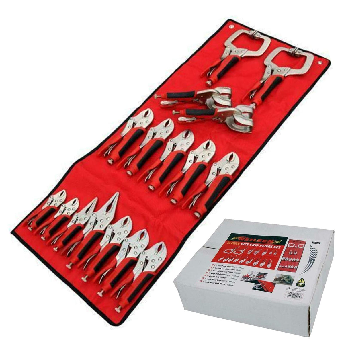 Neilsen 16pc Soft Grip Mole Vice Plier Set Welding Long Nose Locking C Clamp