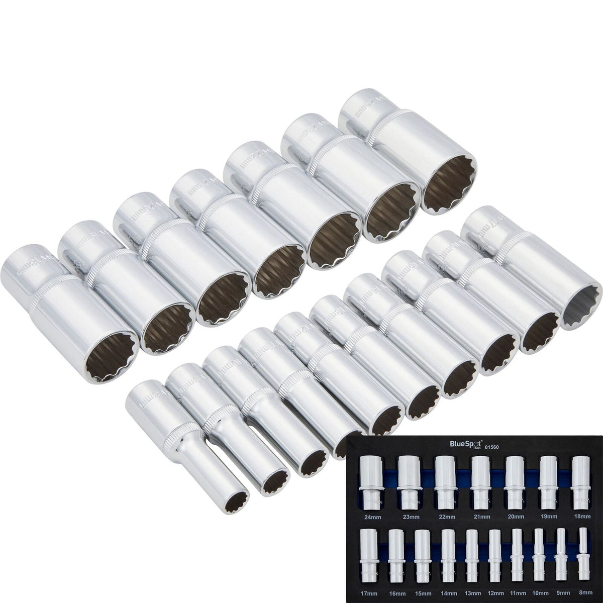 Bluespot 17pc 3/8" Metric Long Reach Deep Sockets 8-24mm In Eva Foam Set