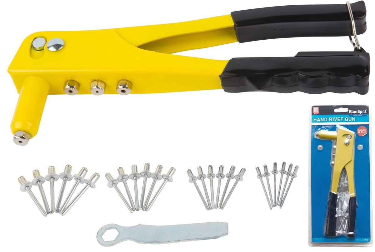 BlueSpot Hand Pop Rivet Gun With 60 Rivets And 4 Size Riveter Nozzles 09101