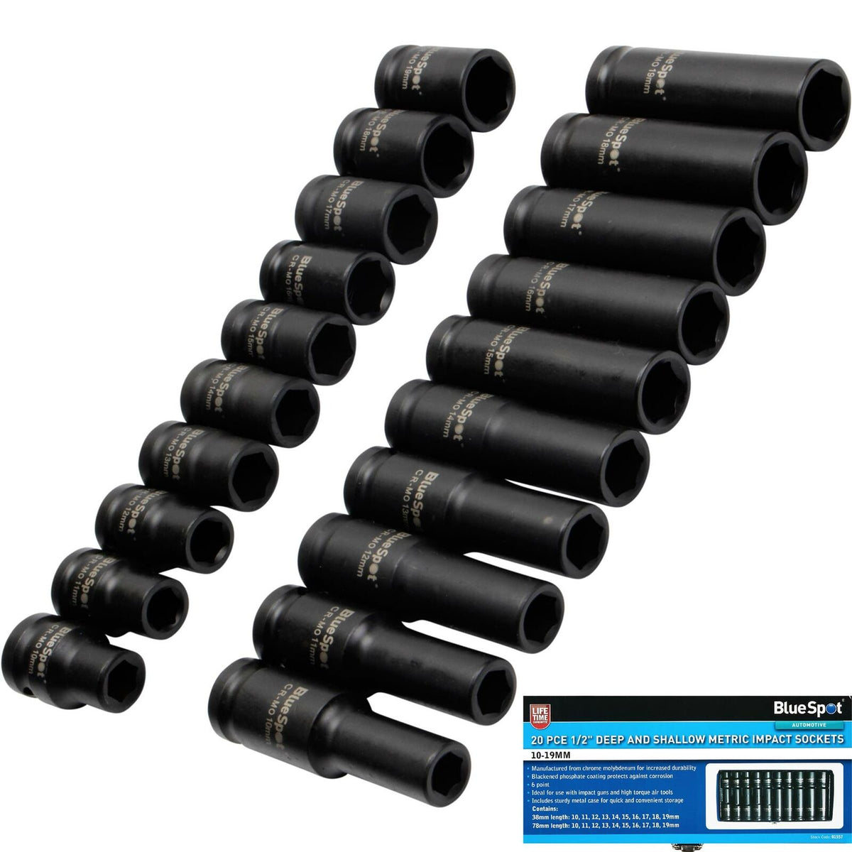 BlueSpot 20pc Deep and Shallow Metric Impact Sockets Set 10-19mm 1/2"