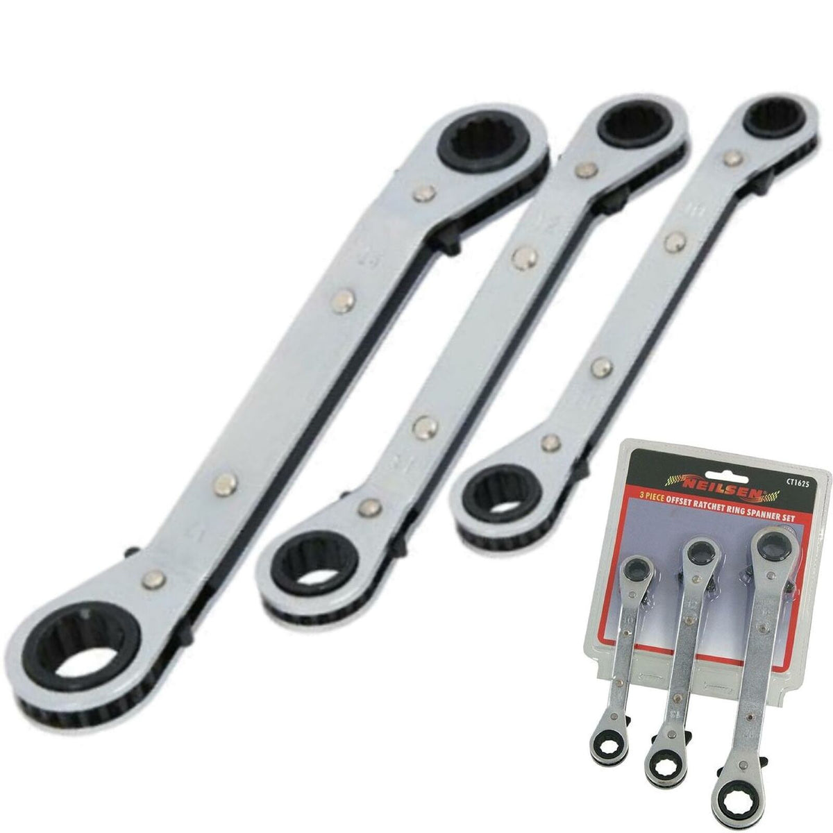 Neilsen 3pc Offset Ratchet Spanner Set Ratchet Ring Spanners Metric 10 - 17mm