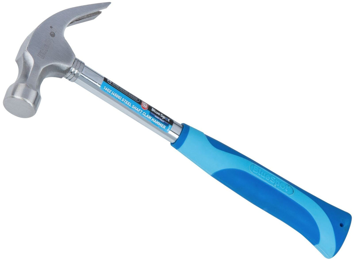 BlueSpot 16oz Claw Hammer Steel Shaft Rubber Grip Handel Hardened Curved Head