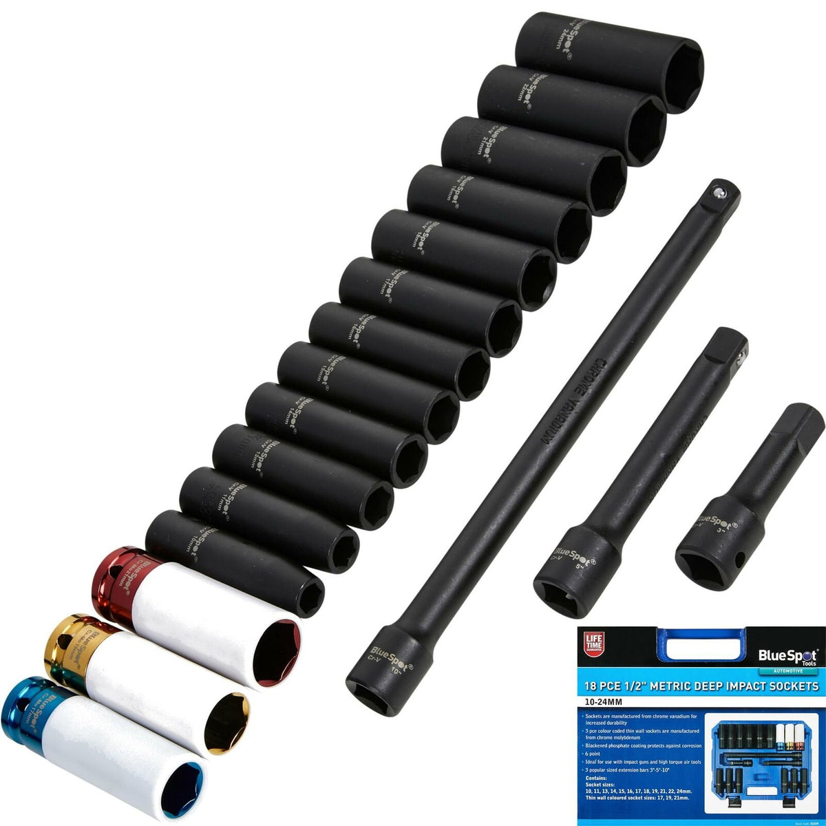 BlueSpot 18pc Deep Metric Impact Sockets Extension Bar Set 10mm - 24mm 1/2"