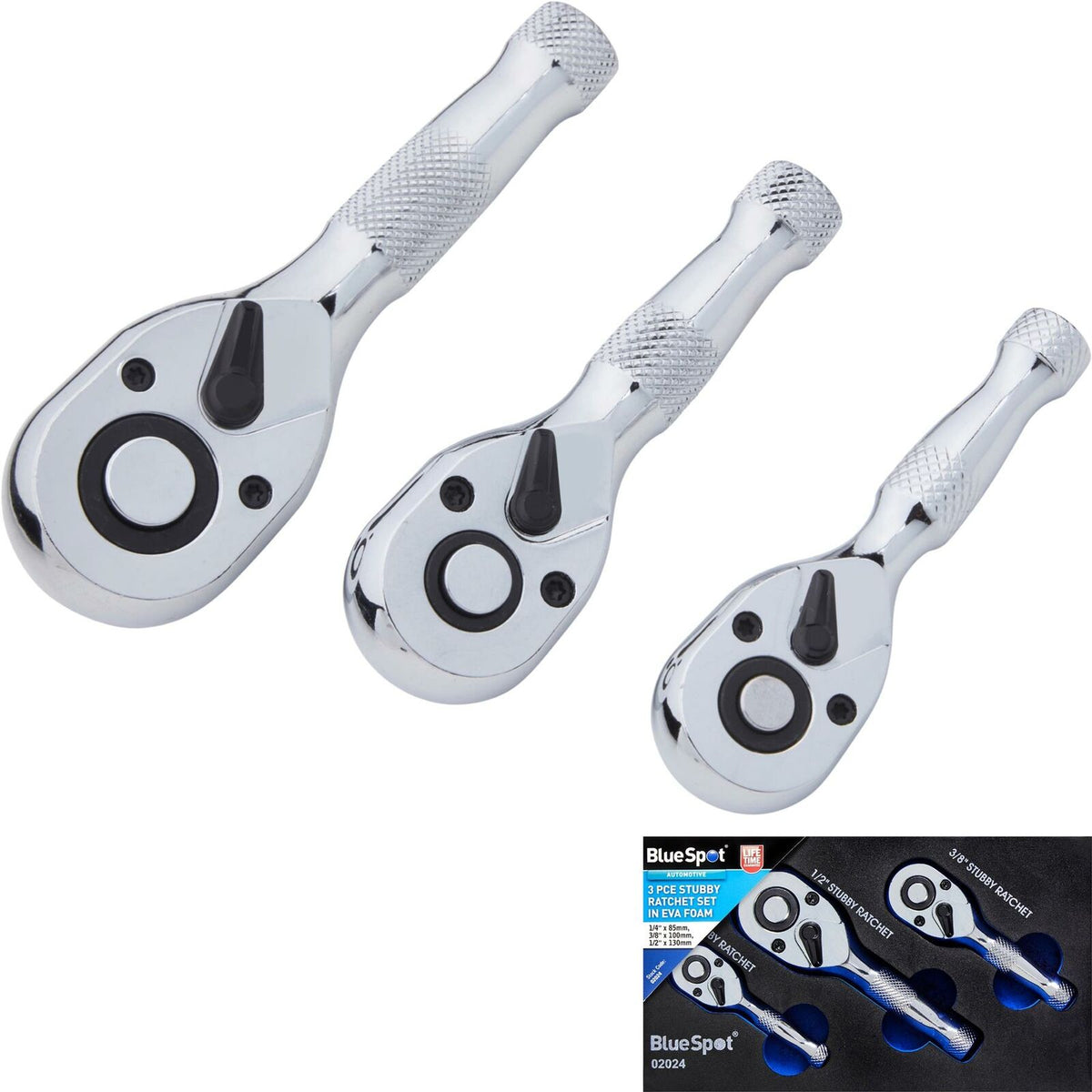 BlueSpot 3pc Stubby Socket Ratchet Handle Set 1/4", 3/8", 1/2" Set In EVA Foam