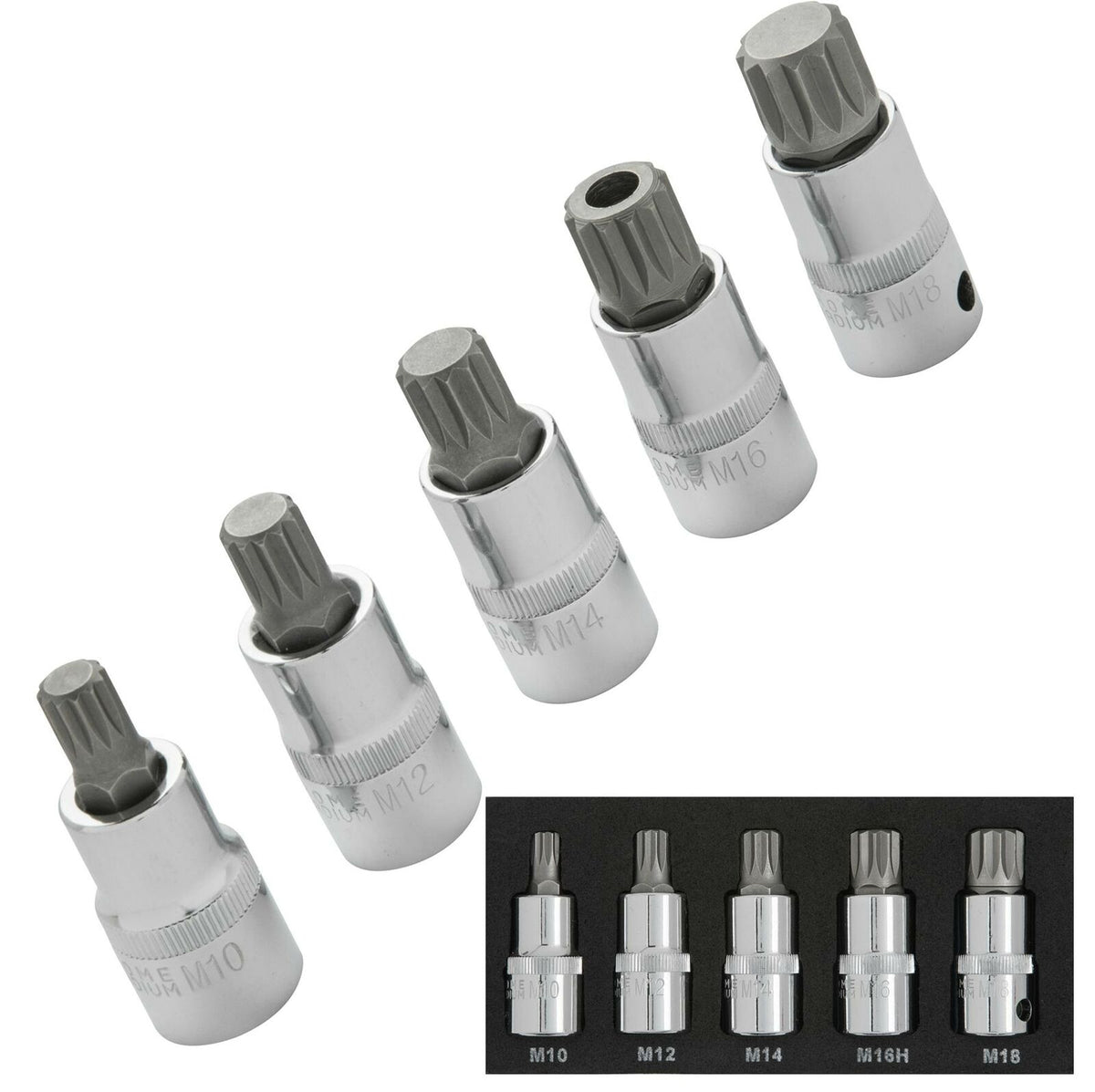 Bluespot 5pc Spline Bit Socket Set 1/2" Drive M10 M12 M14 M18 & M16 TamperProof