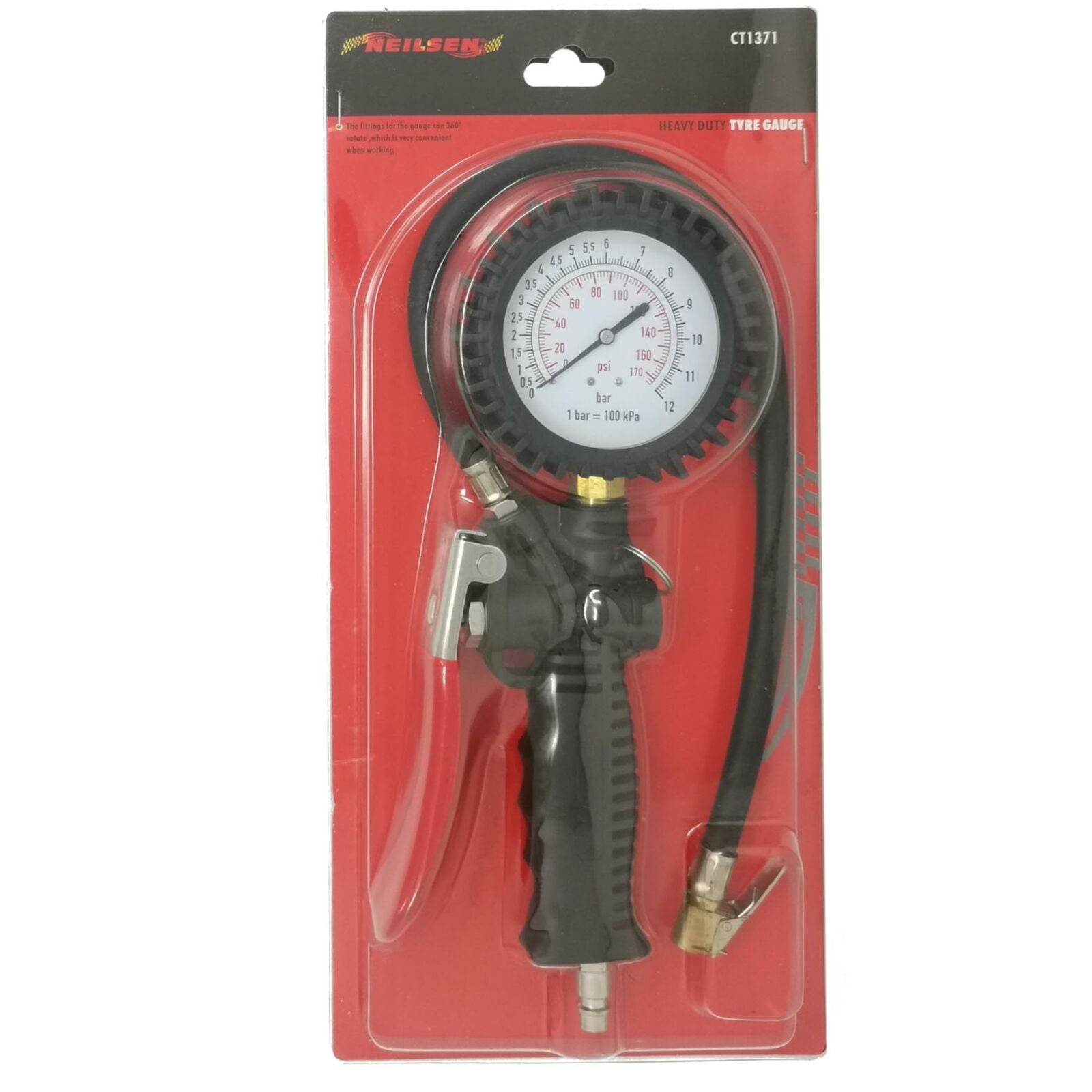 Neilsen Heavy Duty Air Line Tyre Pump Inflator Pressure Gauge Compressor 220 PSI