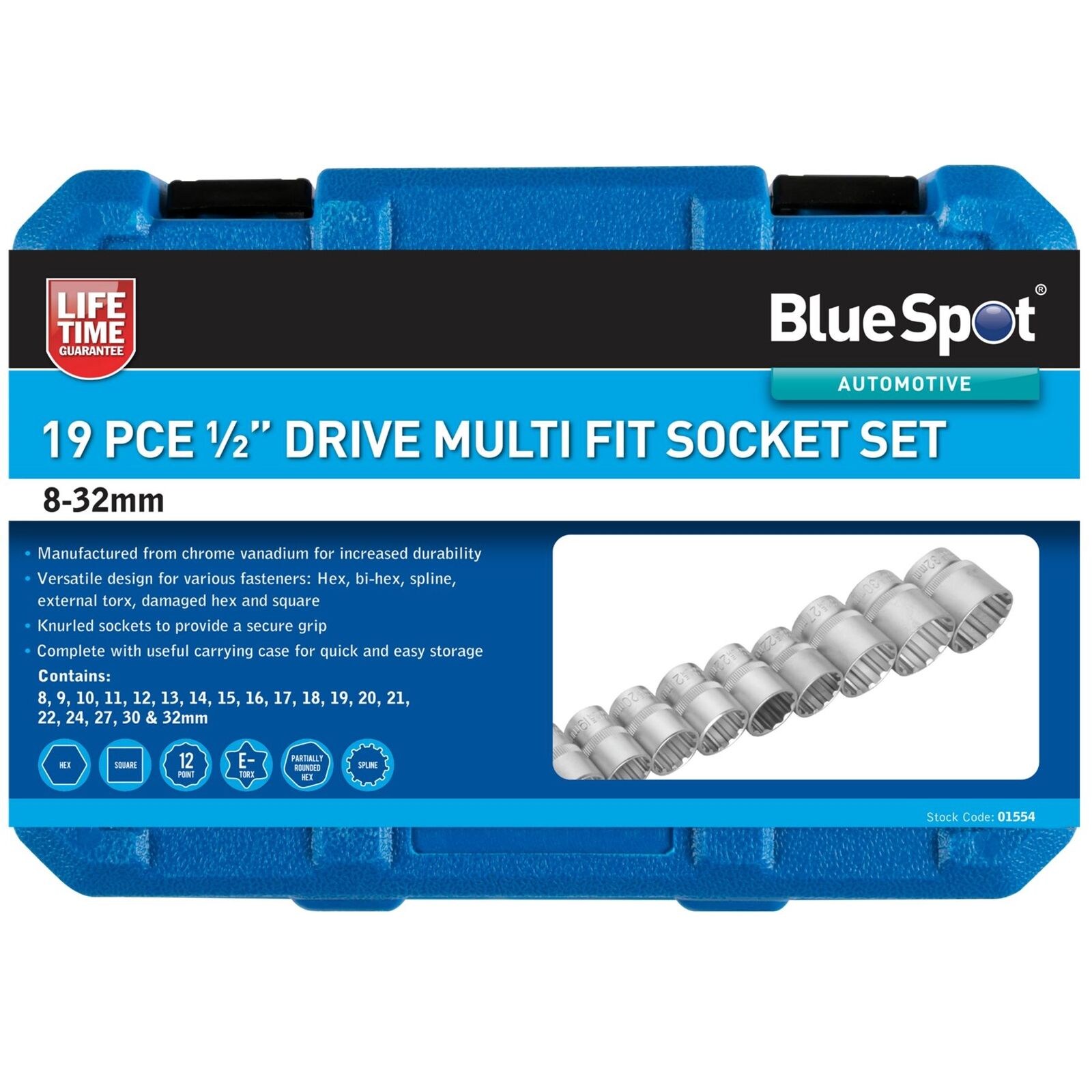 BlueSpot 19pc Gear Lock Multi Socket Set 8-32mm 1/2" Dr Double Hex T Star AF MM