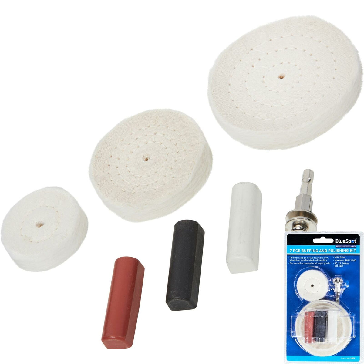 BlueSpot 7pc Metal Cleaning Polishing Buffing Wheel And Compound Kit For Drill
