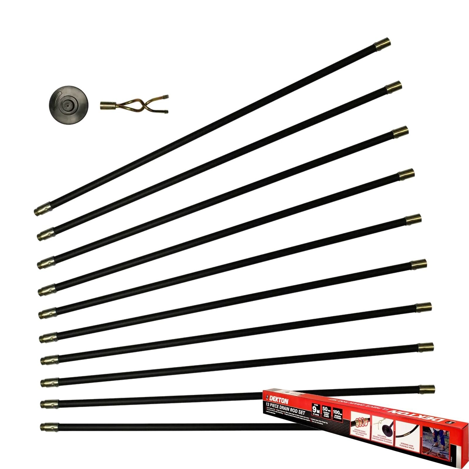 Dekton 12pc Drain Rods Plumbing Drainage Cleaning Worm Screw Plunger S ...