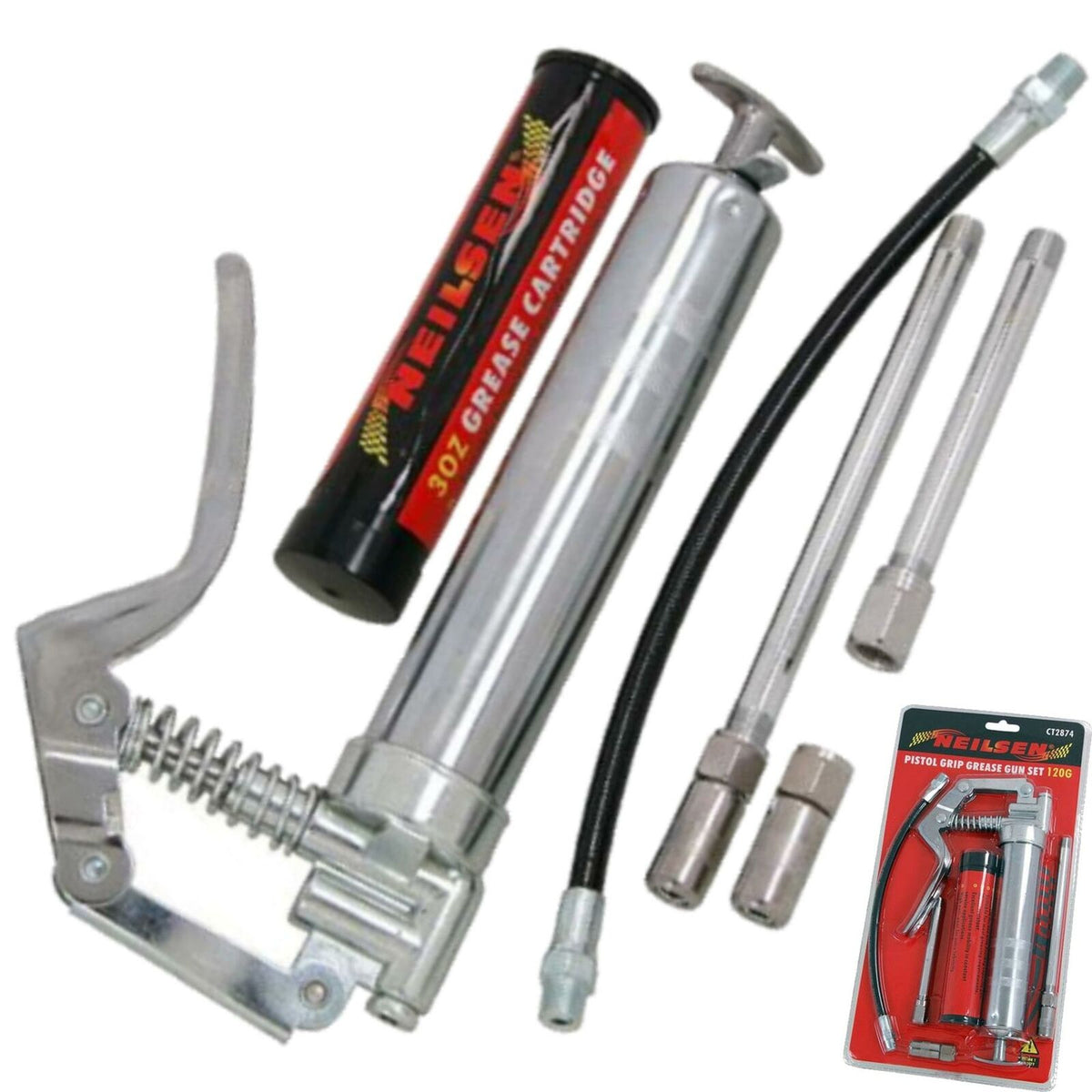 Neilsen Manual Grease Gun Lever Pistol Grip 120cc Cartridge Type Flexi Hose