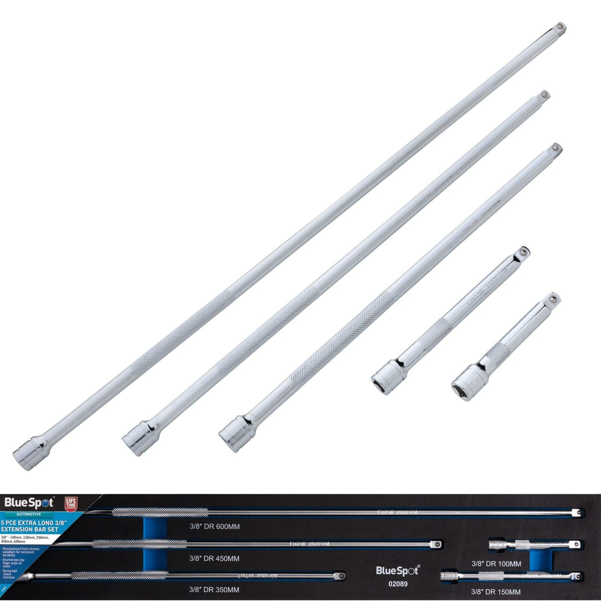 BlueSpot 5pc 3/8 Drive Socket Extension Bar Set 100 150 350 450 600mm Extra Long
