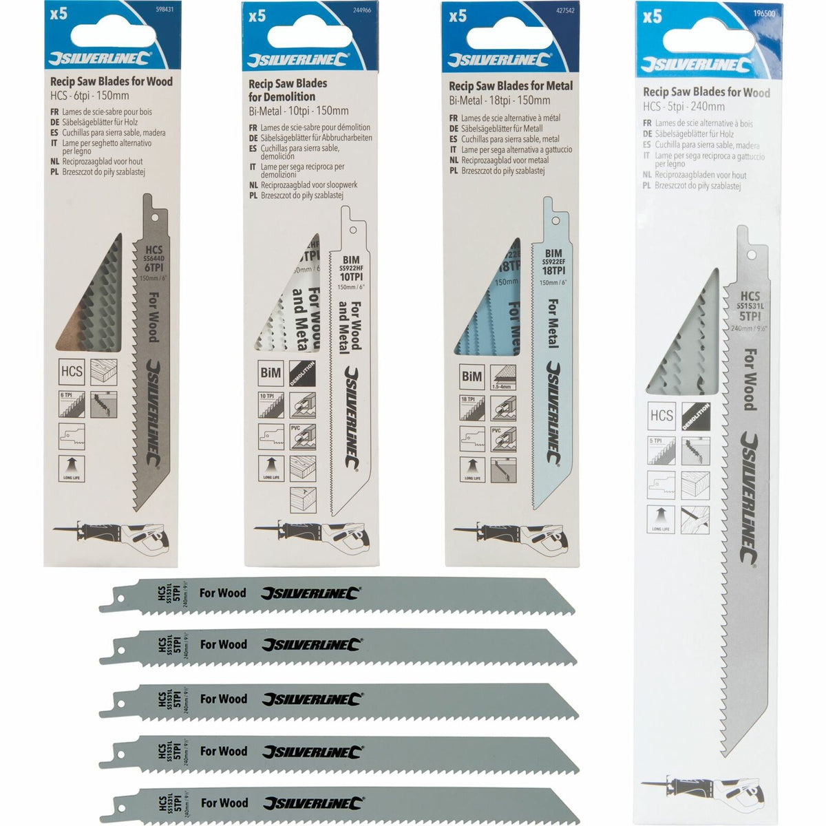 Silverline 5pc Reciprocating Saber Saw Cutting Blades Wood Metal Demolition