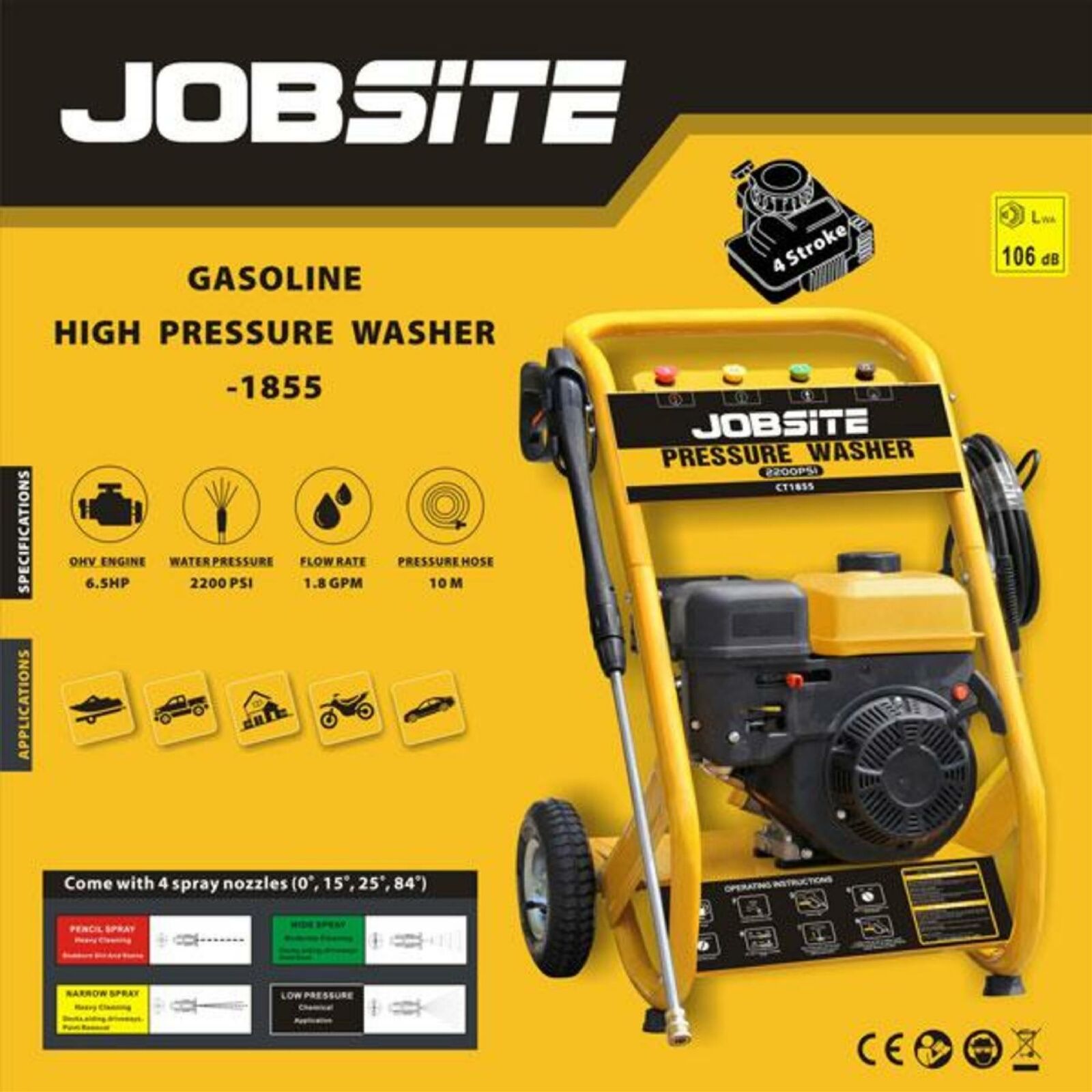 Jobsite Petrol Pressure Washer 2200 PSI 6.5HP High Power Jet 4 Stroke Garden Car