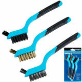 BlueSpot 3pc Soft Grip Mini Wire Brush With Small Tip Bristle Nylon Brass Steel