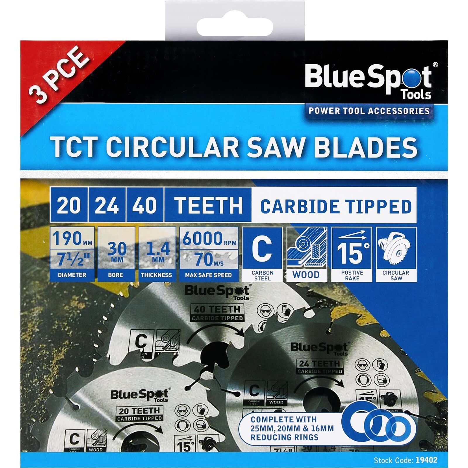 BlueSpot 190mm Circular Mitre Saw Blade 30mm Bore 25 20 16mm Rings 24 40 48T 3pc