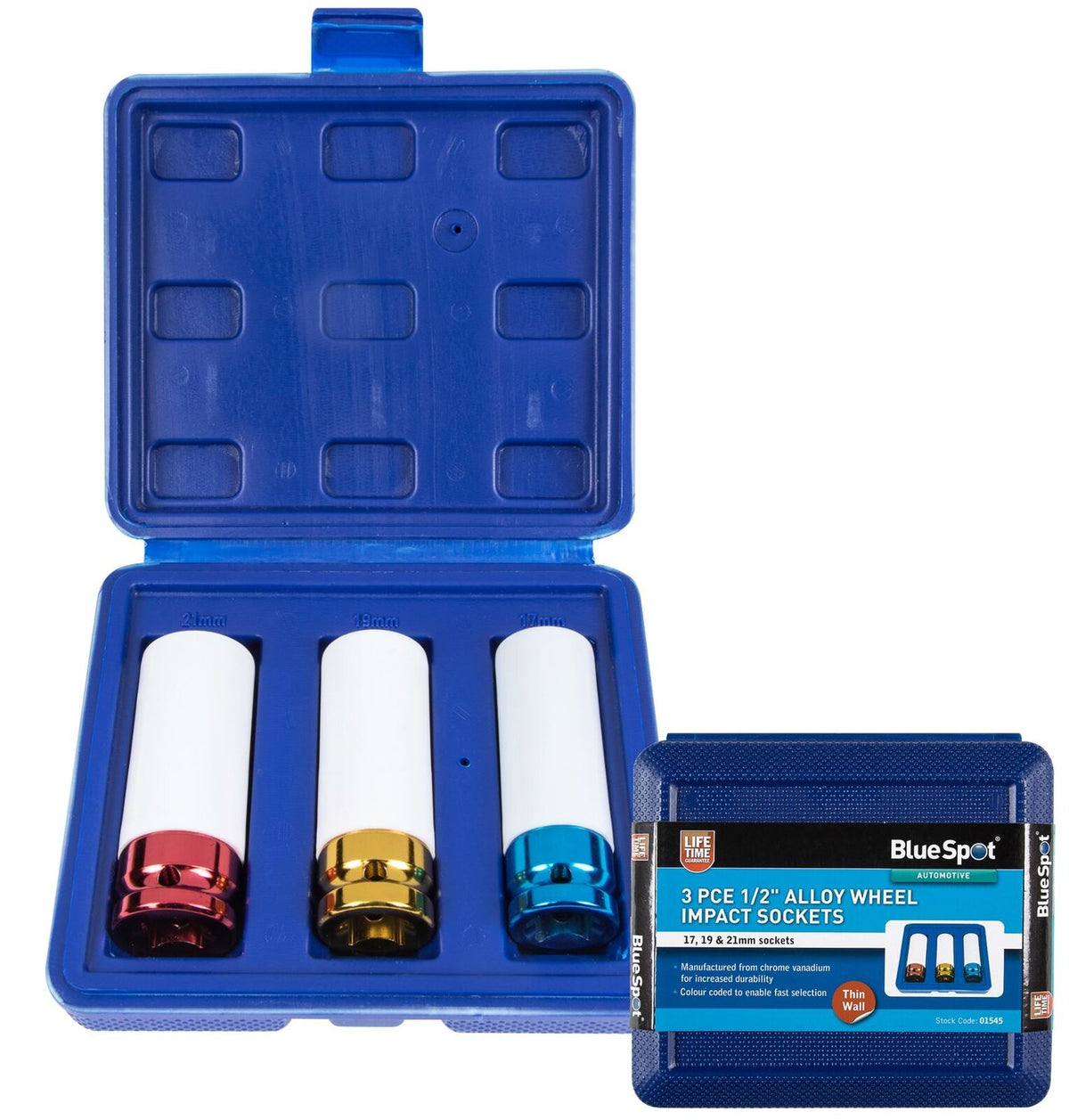 BlueSpot Alloy Wheel Nut Impact Socket Set 1/2" Drive 17 19 & 21mm Deep Sockets