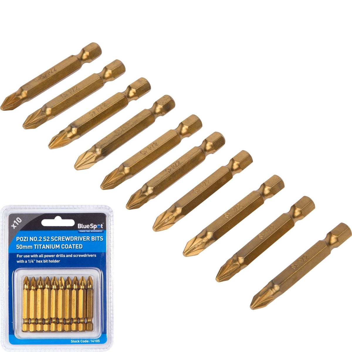 BlueSpot Titanium Bit Set Drill Driver Screwdriver Bits 50mm PZ2 Pozi S2 10pc