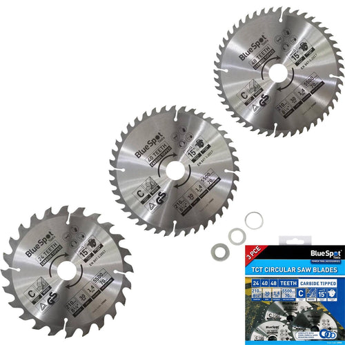 BlueSpot 210mm Circular Mitre Saw Blade 30mm Bore 25 20 16mm Rings 24 40 48T 3pc