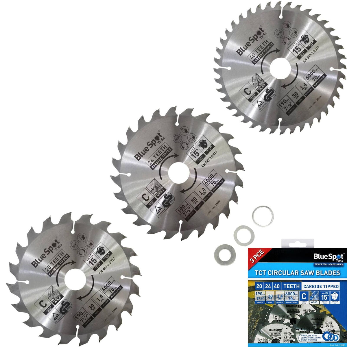 BlueSpot 190mm Circular Mitre Saw Blade 30mm Bore 25 20 16mm Rings 24 40 48T 3pc