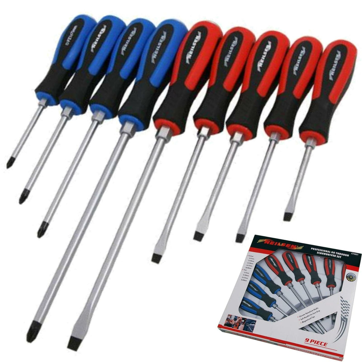 Neilsen 9pc Professional Pozi Flat Slotted Magnetic Tip Screwdriver Set