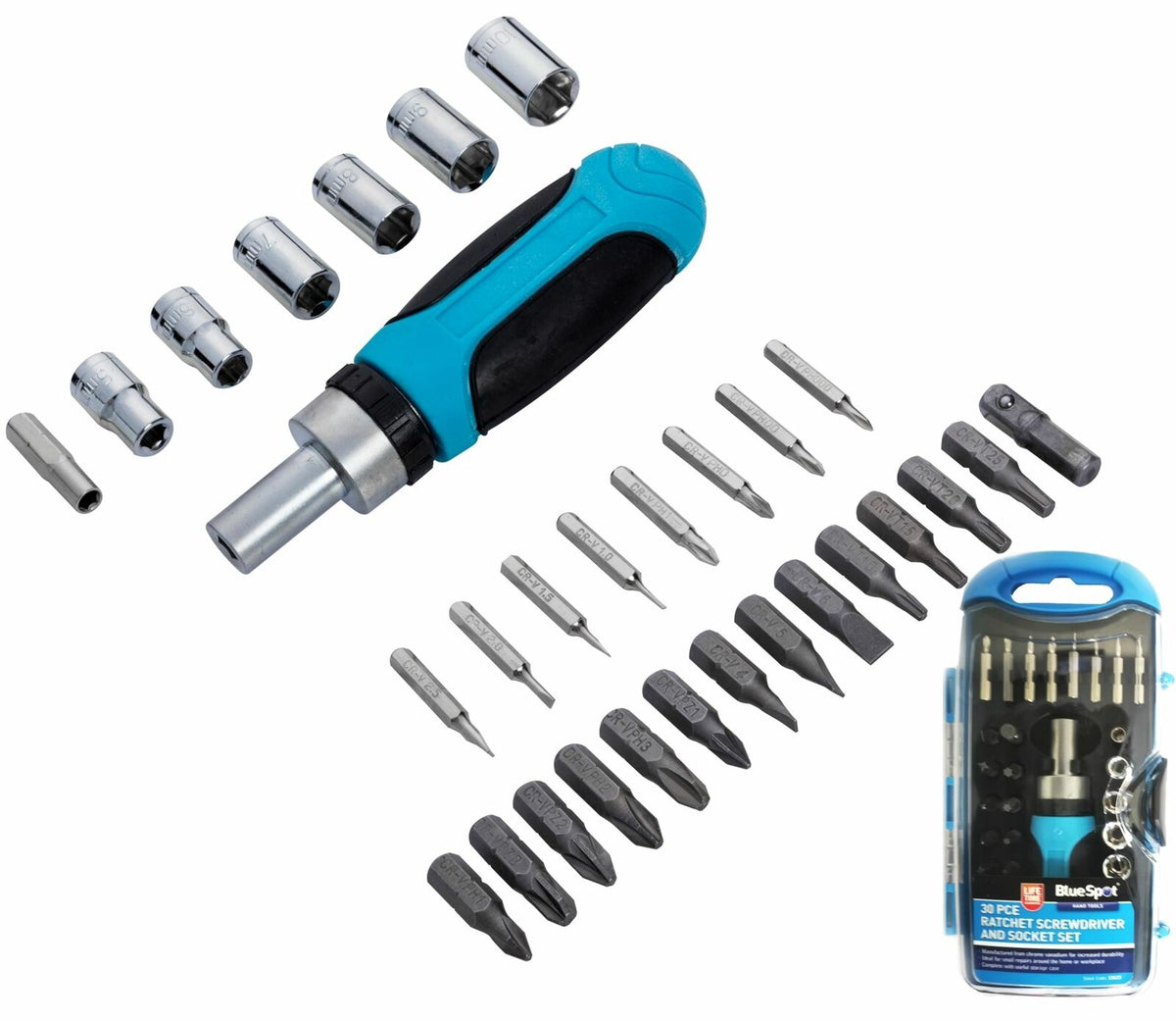 BlueSpot 30pc Ratchet Screwdriver Bit Set PH PZ SL Torx 1/4" Drive Socket Bits