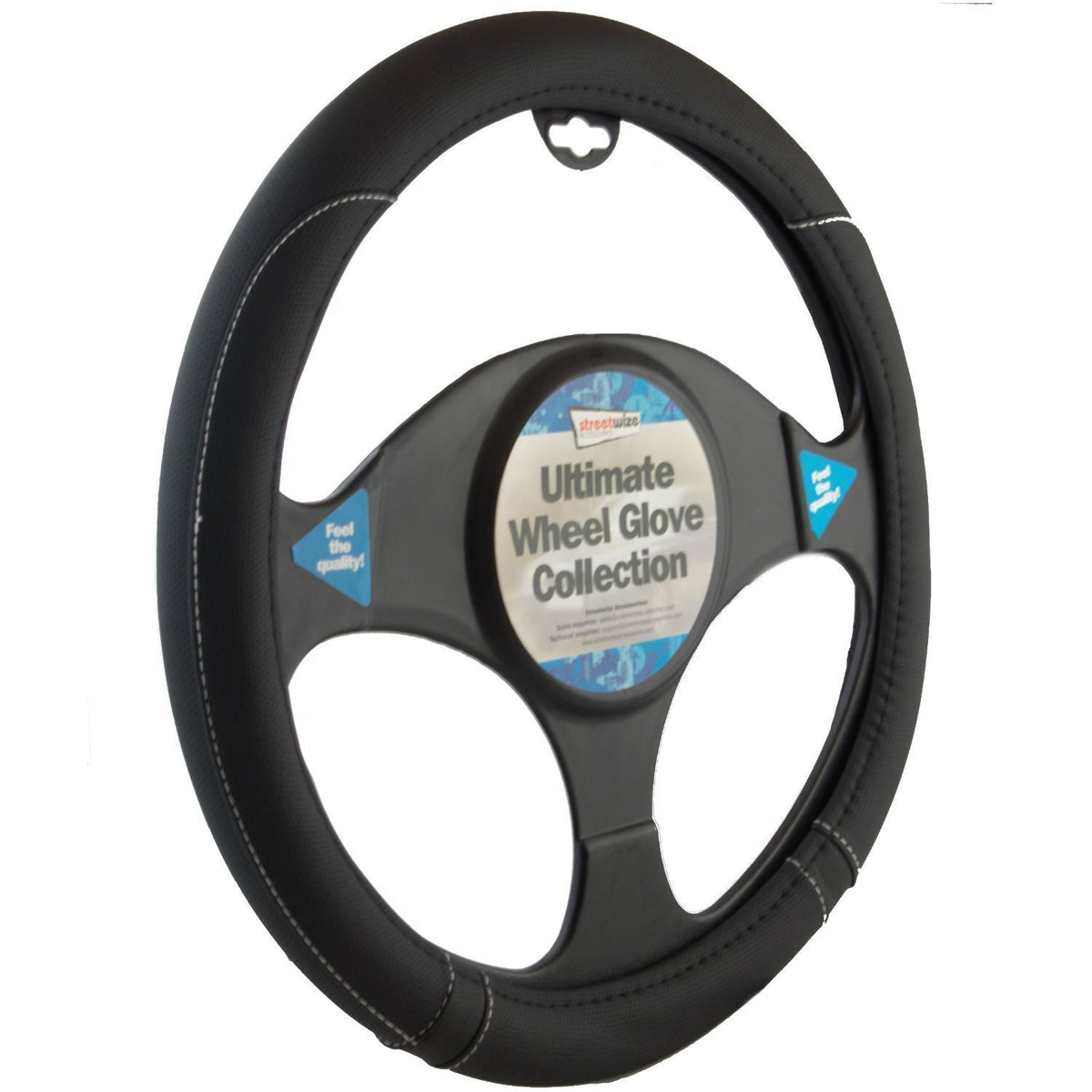 Steering Wheel Cover Black Leather Effect Universal Fitting With White Stitching