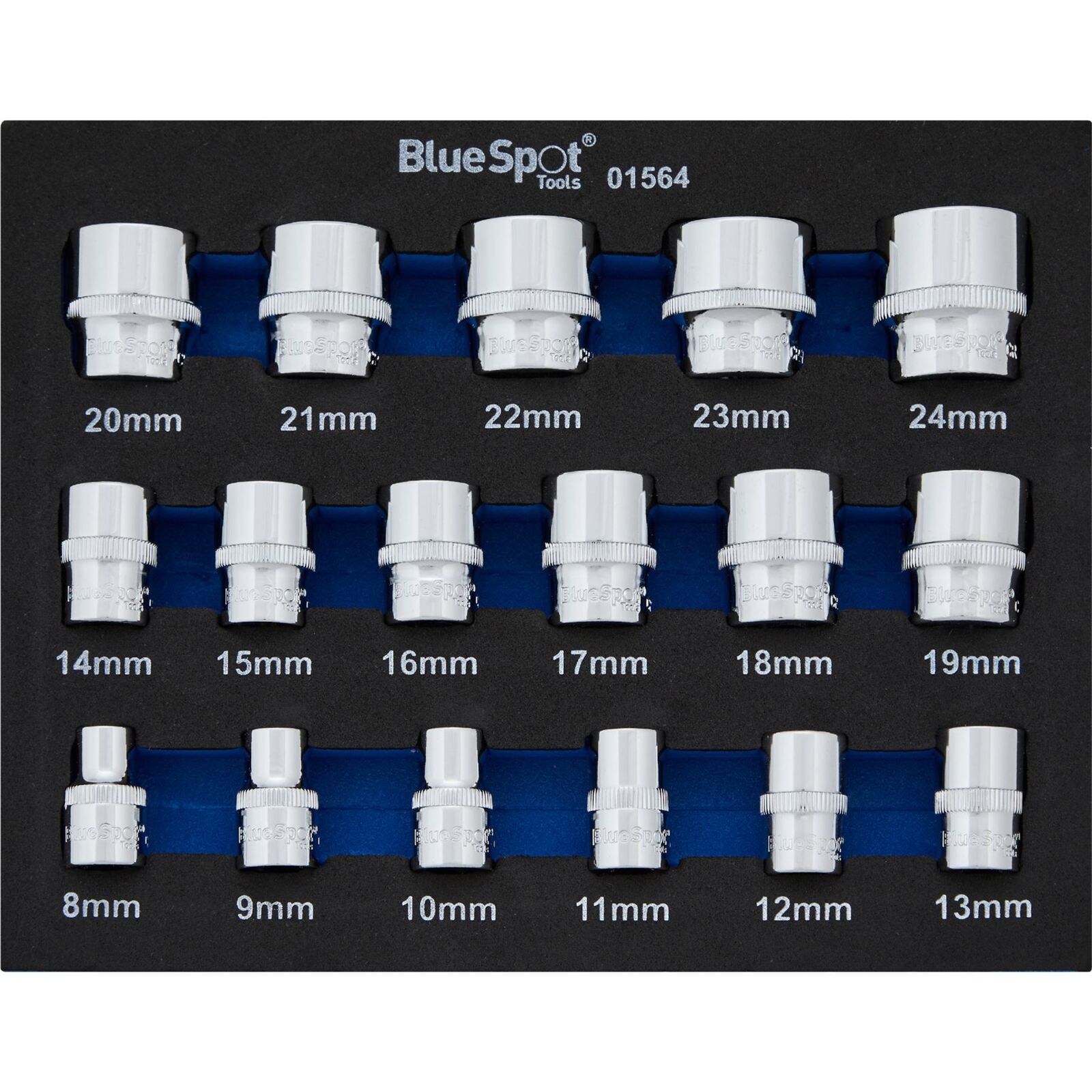 Bluespot 17pc 3/8" Metric Shallow Sockets 8-24mm In Eva Foam Set 12 Point