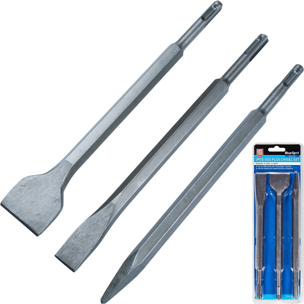 BlueSpot 3pc 250mm SDS Plus Drill Chisels Masonry Chisel Bit Set Pointed Flat