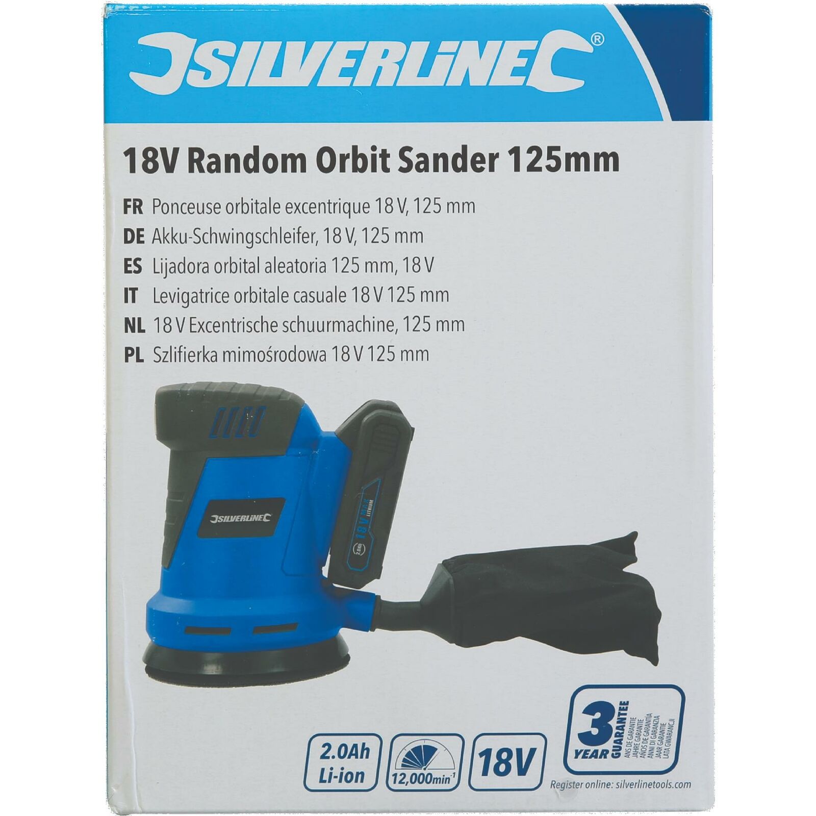 Silverline 18V Cordless Electric Random Orbital Palm Sander 2Ah Li-ion battery