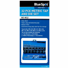 Bluespot 32pc Metric Tap and Die Set M3 M4 M5 M6 M8 M10 M12 Steel Thread Cutter