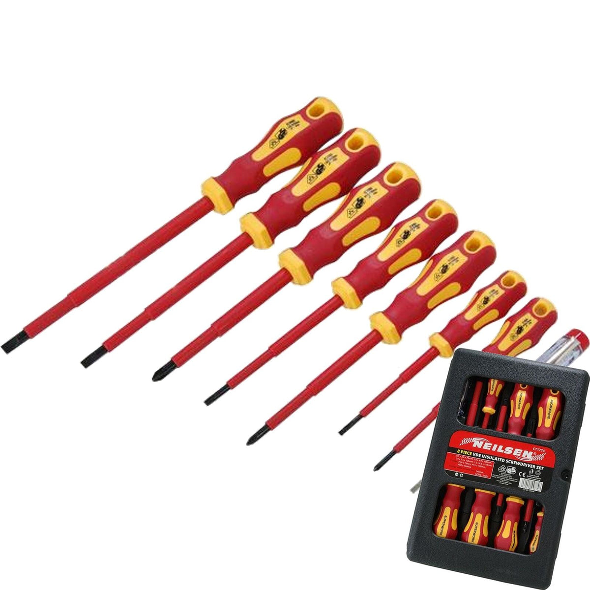 Neilsen 8pc Vde Insulated Pozi Flat Slotted Tip Screwdriver Set Voltage Tester