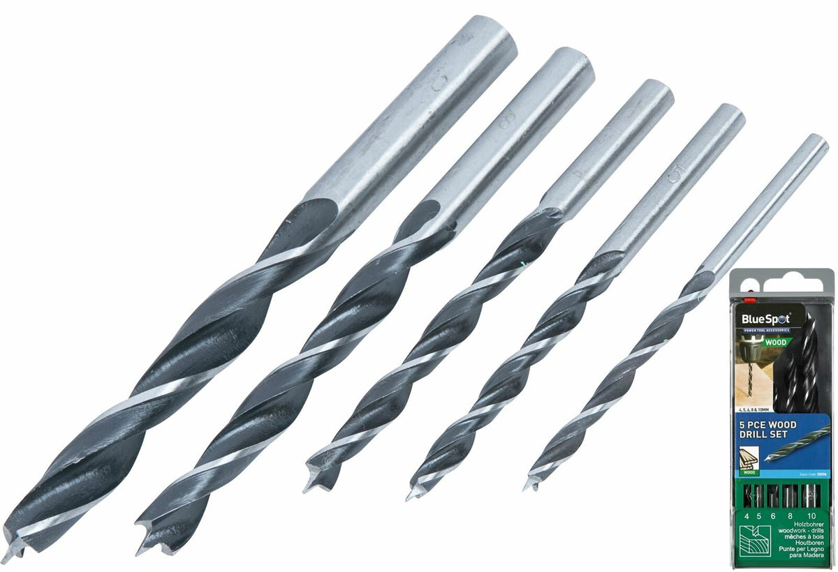 BlueSpot 5pc Brad Point Wood Drill Bit  Set 4, 5, 6, 8 & 10mm Bits