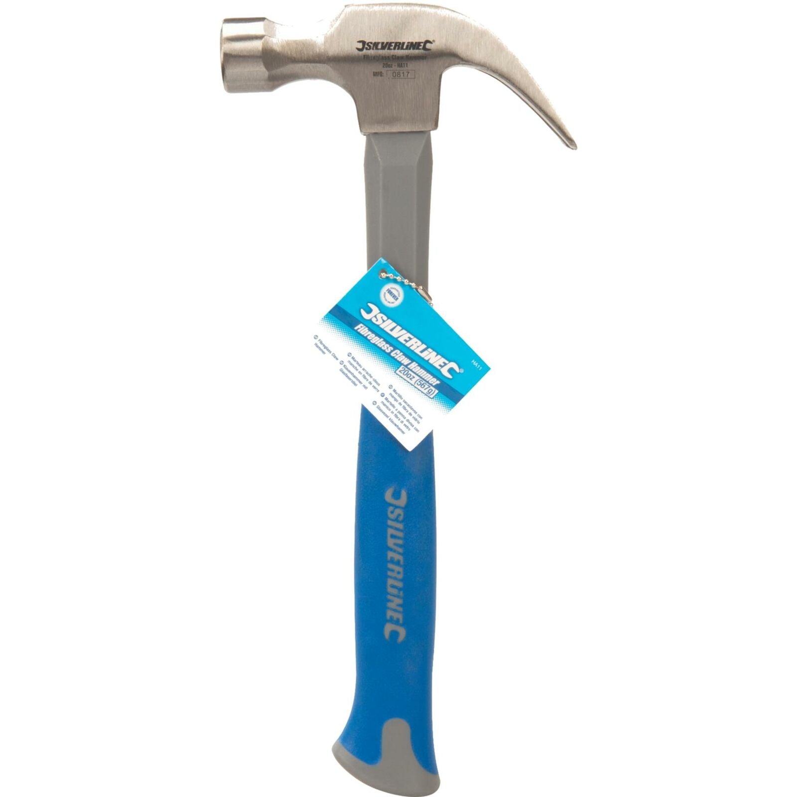 Silverline 20oz Claw Hammer Fibreglass Rubber Grip Handel Hardened Steel Head