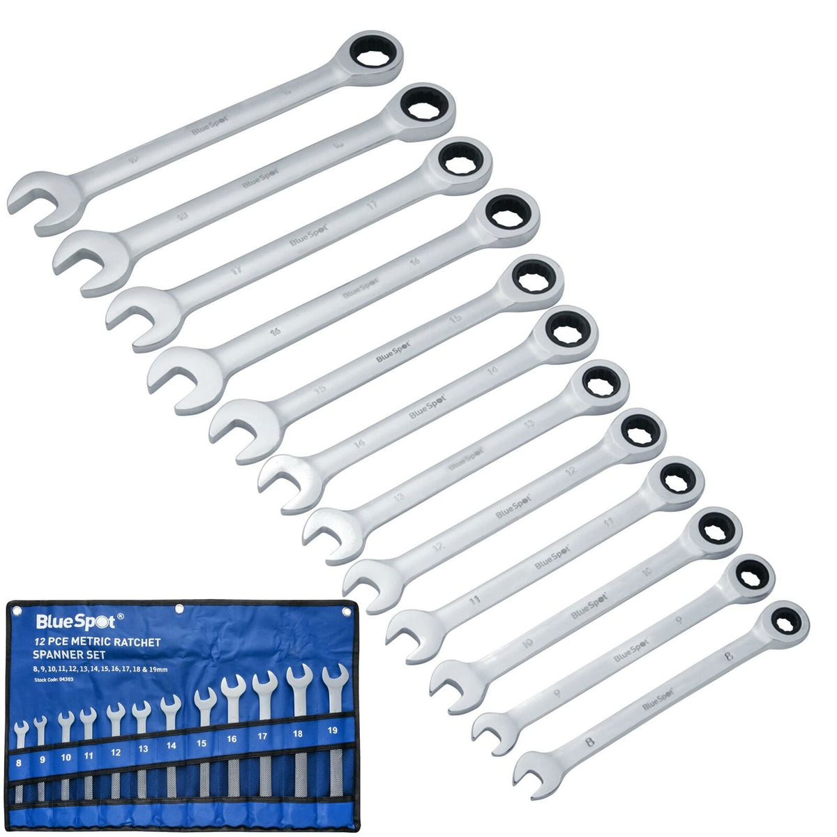 BlueSpot 12pc Combination Ratchet Spanner Set Ratcheting Ring Head 8mm - 19mm