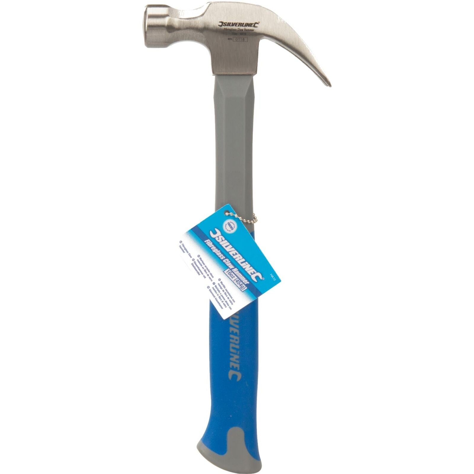 Silverline 16oz Claw Hammer Fibreglass Rubber Grip Handel Hardened Steel Head