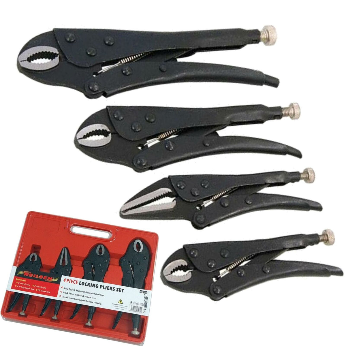Neilsen 4pc Locking Mole Grip Vice Plier Set Long Nose Adjustable Tool Pliers