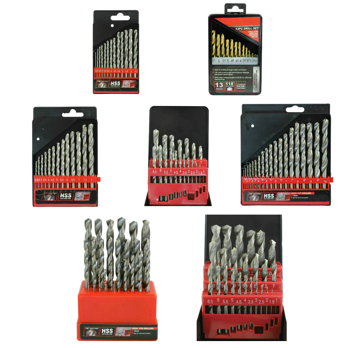 A choice of Drill Bit sets ranging from 13pc 1mm to 25pc 13mm HSS, Steel, Wood,