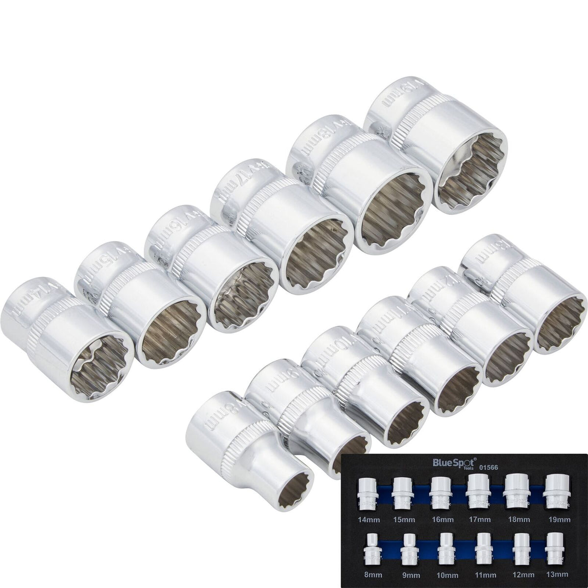 Bluespot 12pc 3/8" Metric Shallow Sockets 8-19mm In Eva Foam Set 12 Point