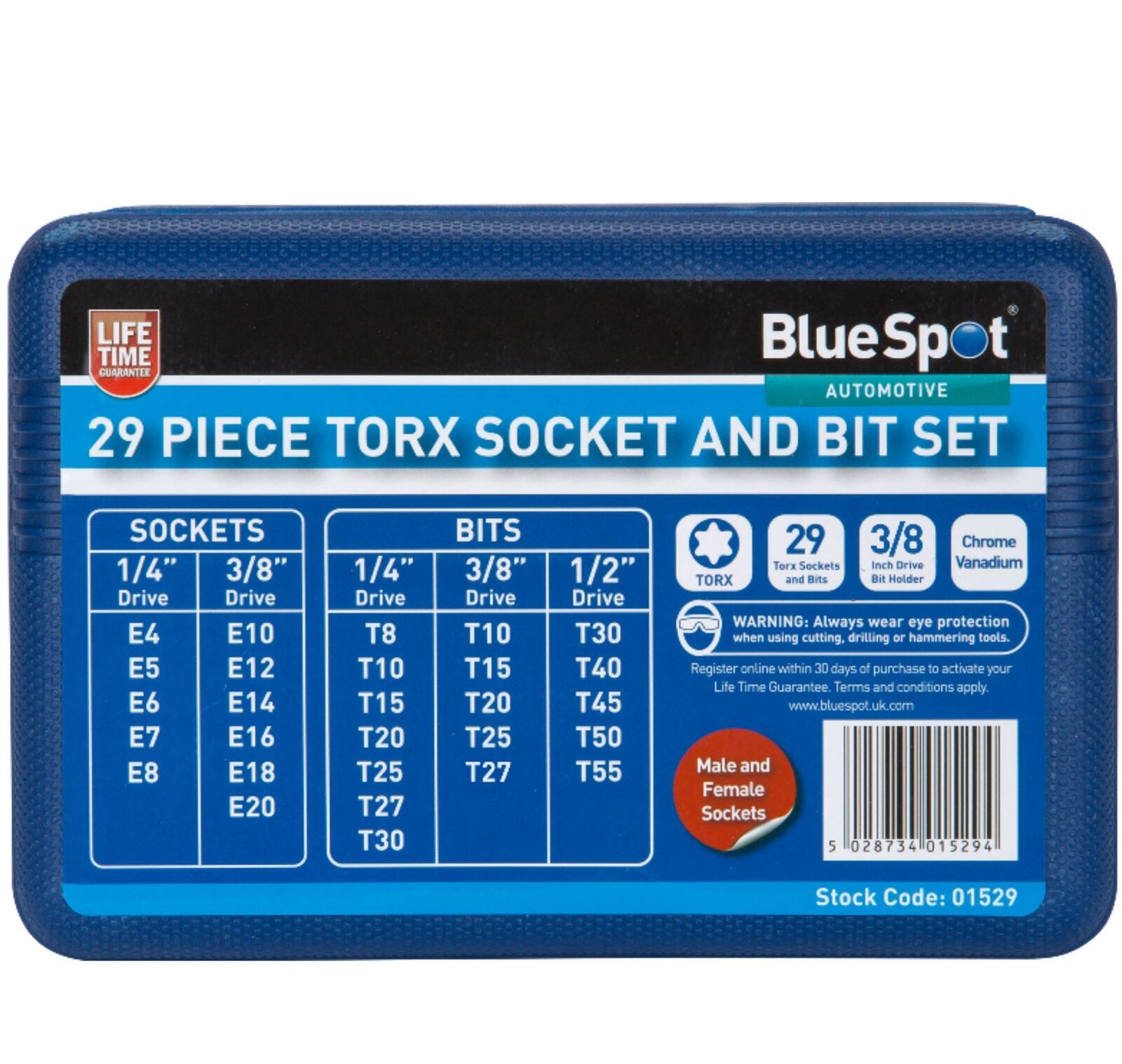 BlueSpot 29pc Torx Socket Bit Set  Male & Female Sockets 1/4" 3/8" 1/2" Drive