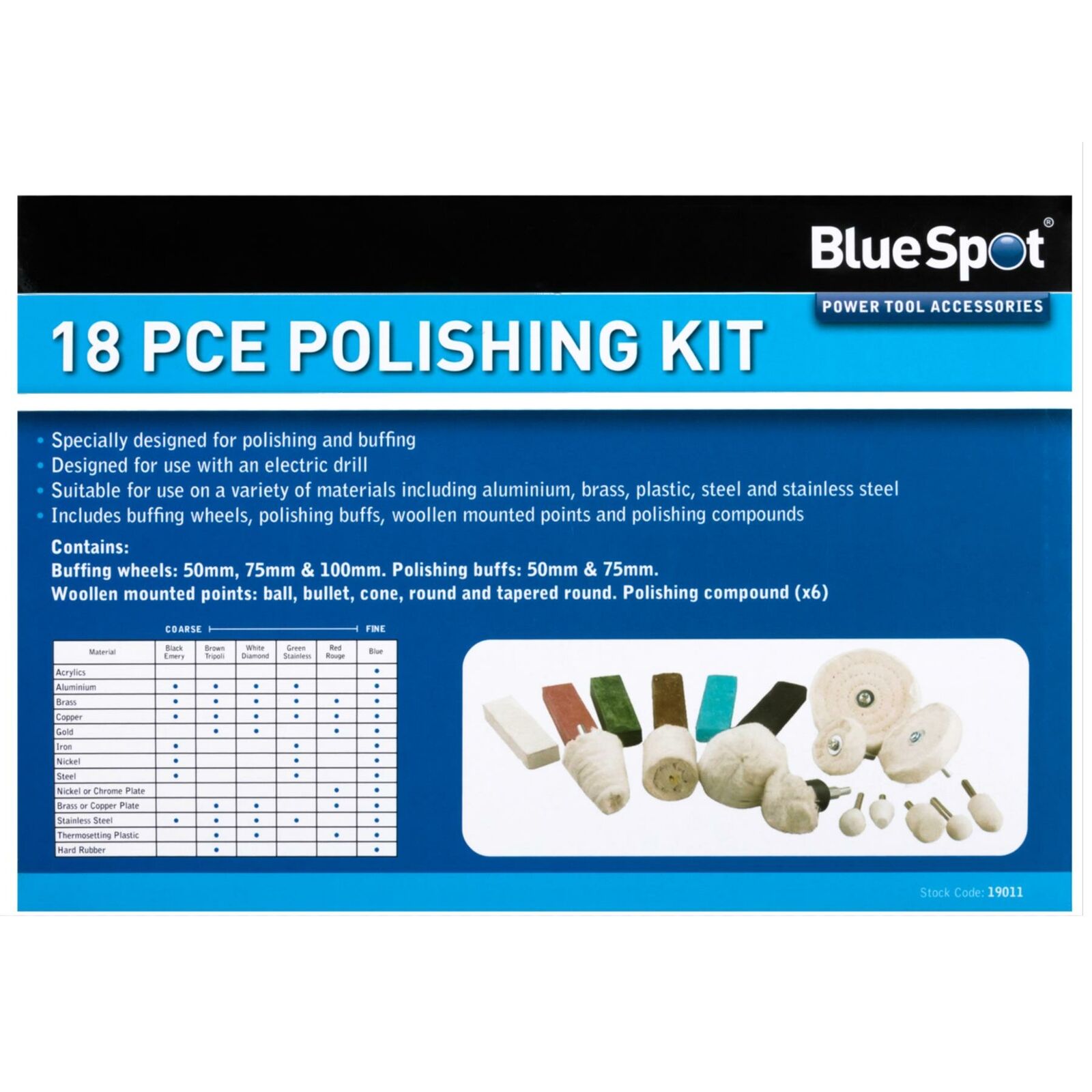 BlueSpot 18pc Metal Cleaning Polishing Buffing Wheel And Compound Kit For Drill