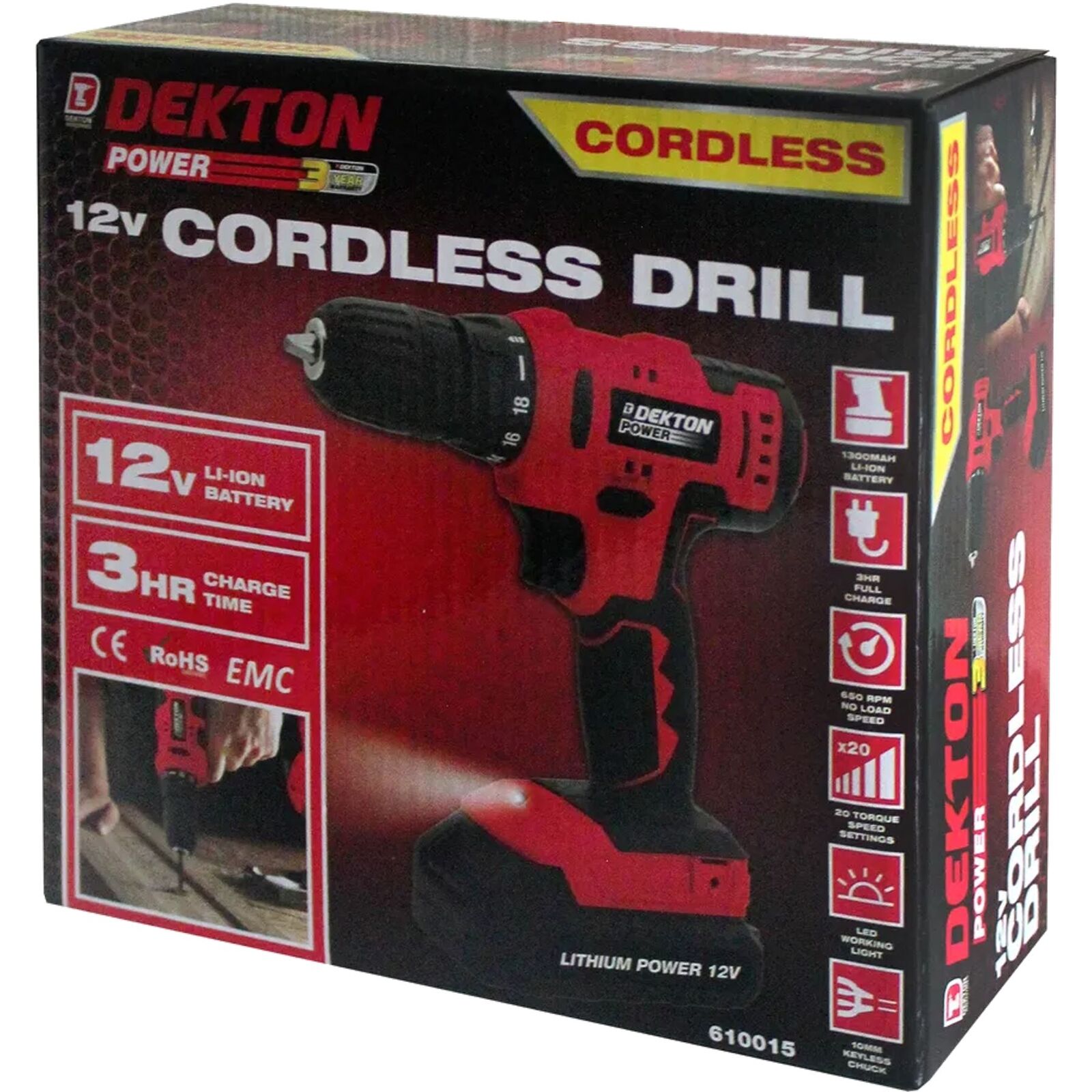 Dekton 12V Electric Cordless Hammer Drill Keyless Chuck Li-Ion Battery