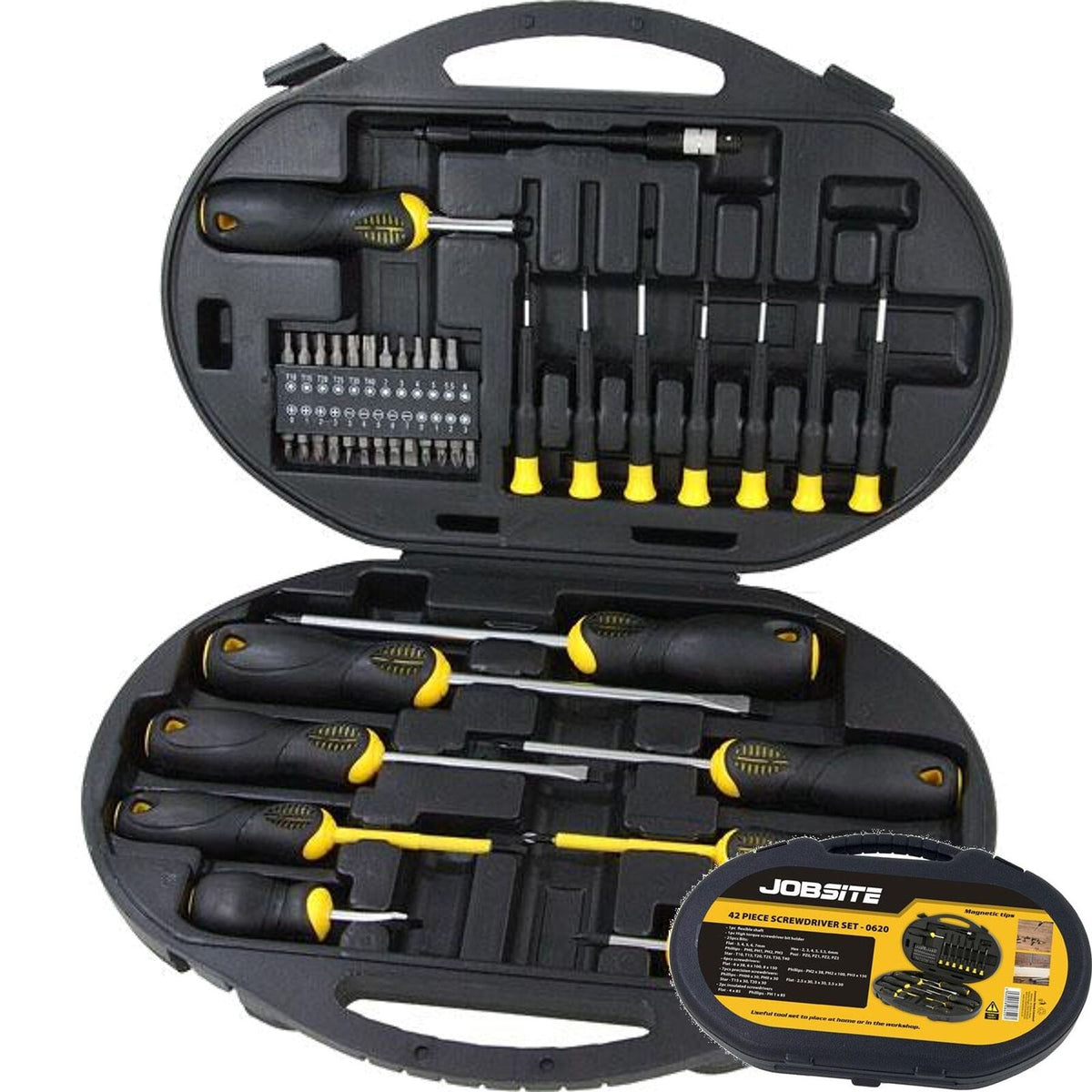 Jobsite Screwdriver Set Precision Hex Pozi Flat Slotted Magnetic Tip 42pc